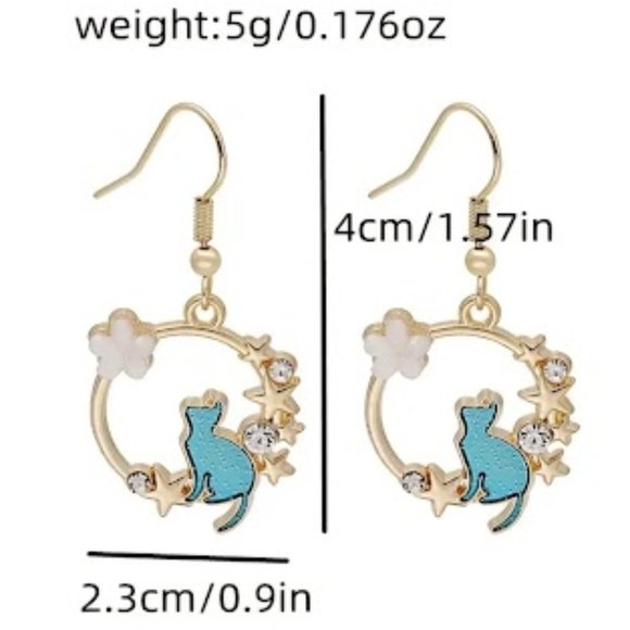 Cute Cat Earrings Geometric Circle Drop Gold Color Dangles - Picture 4 of 4